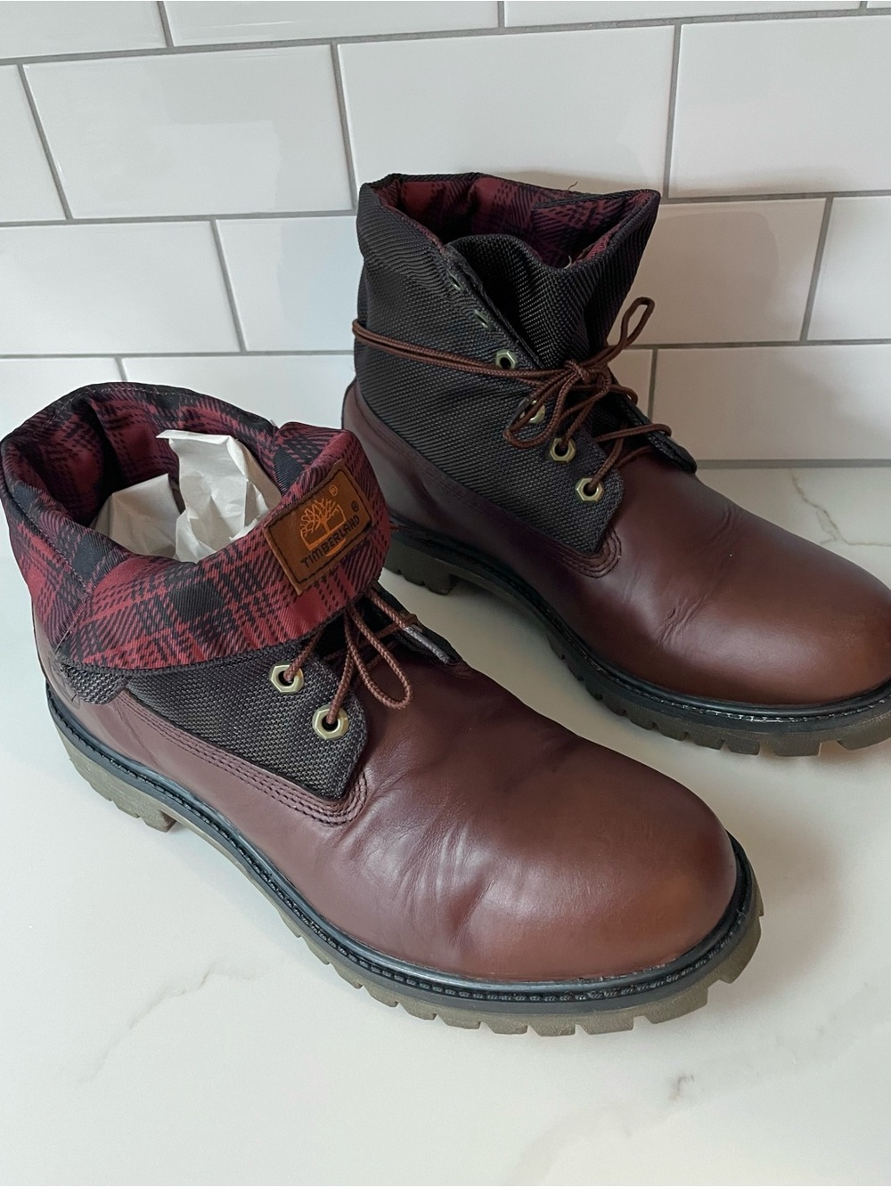 Timberland Brown Leather Red Plaid Flannel Roll-Top Boots, Size 10.5US/44EU